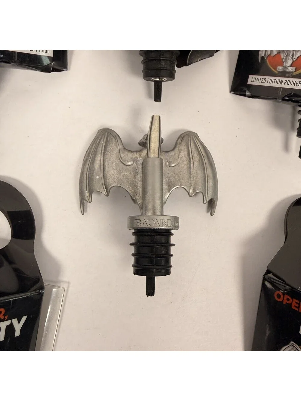 Lot Of 8 BRAND NEW 2012 Pewter BACARDI Rum Metal BAT POURER Liquor Spout Beware